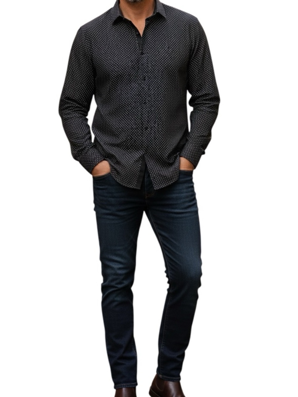 Silver Stone Modern Fit Long Sleeve Button Up Shirt Black Micro Pattern Size L